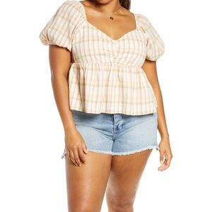 NWT BP Plaid Puff Sleeve Peplum Top Beige White Sweetheart Neck Babydoll Blouse